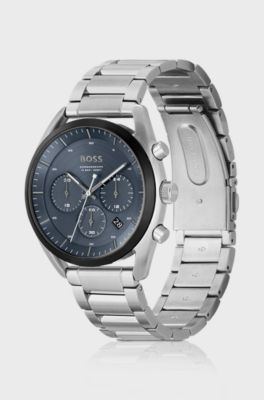 Blue-dial chronograph watch with link bracelet, Silver