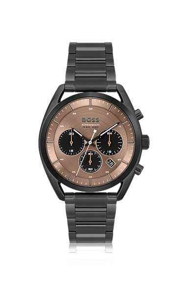 Black-plated chronograph watch with brown dial, Dark Grey