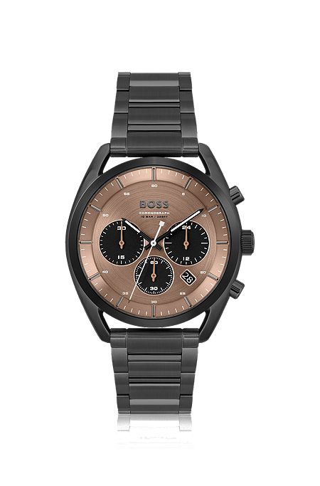 Black-plated chronograph watch with brown dial, Dark Grey