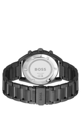 Black-plated chronograph watch with brown dial, Dark Grey