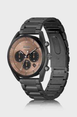 Black-plated chronograph watch with brown dial, Dark Grey