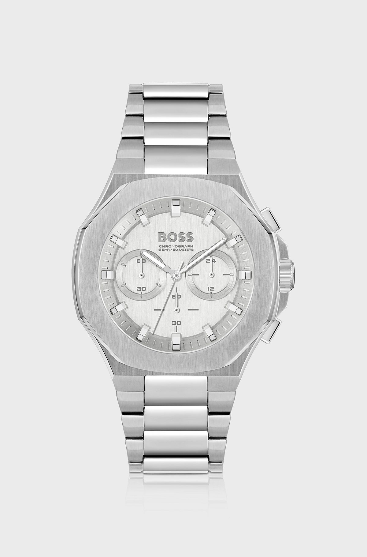 Vertically brushed chronograph watch with tapered-link bracelet, Silver