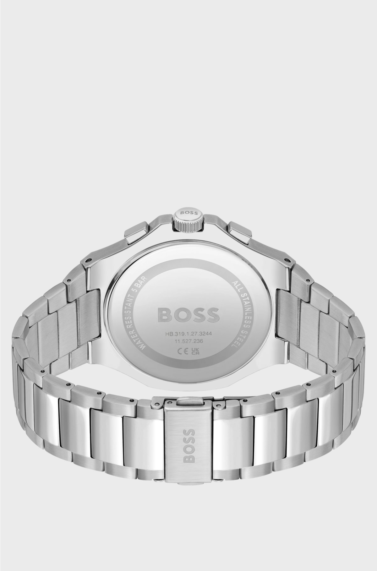 Vertically brushed chronograph watch with tapered-link bracelet, Silver