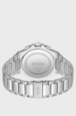 Vertically brushed chronograph watch with tapered-link bracelet, Silver