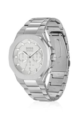 Vertically brushed chronograph watch with tapered-link bracelet, Silver