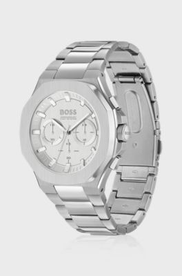 Vertically brushed chronograph watch with tapered-link bracelet, Silver