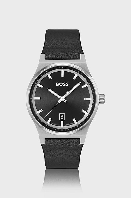Black-dial watch with leather strap, Black
