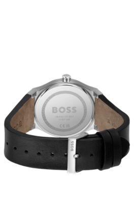 Black-dial watch with leather strap, Black
