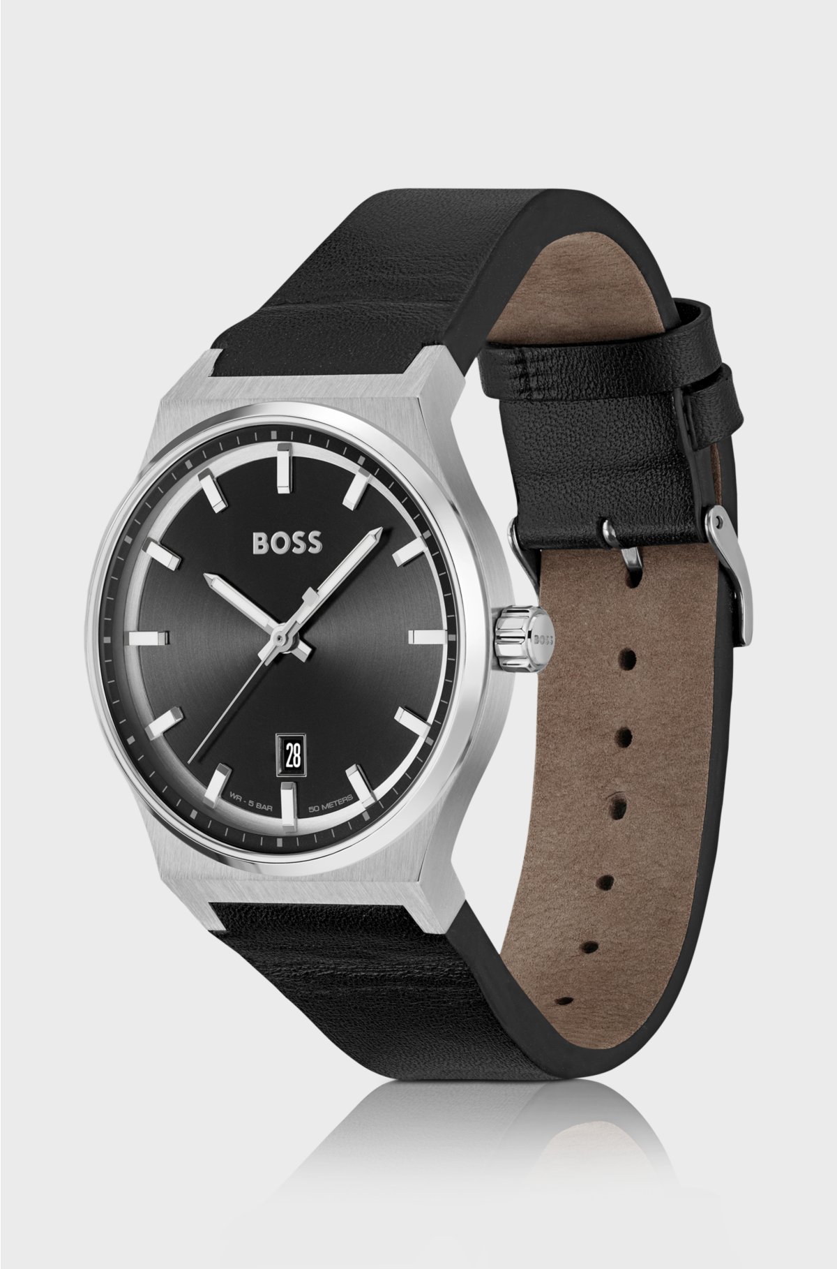 Black-dial watch with leather strap, Black