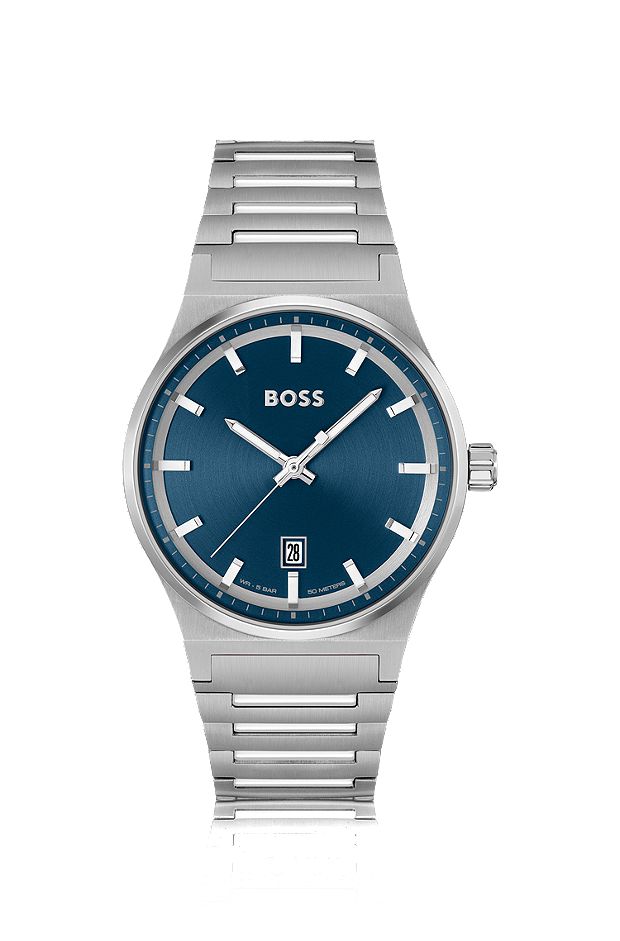 Uhr mit blauem Zifferblatt und Gliederarmband aus Edelstahl, Silber