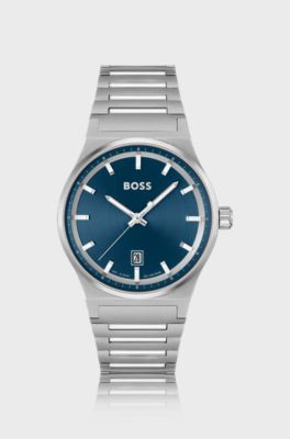 Montre avec cadran bleu et bracelet &agrave; maillons en acier inoxydable, Argent