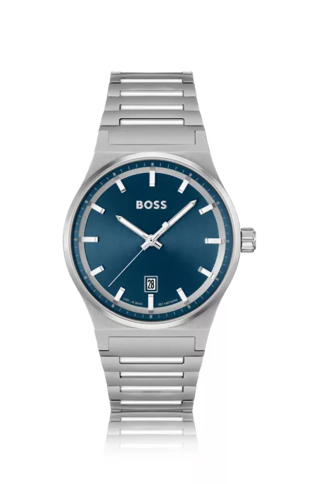 Blue-dial watch with stainless-steel link bracelet