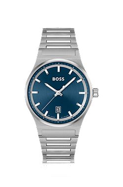 Blue-dial watch with stainless-steel link bracelet