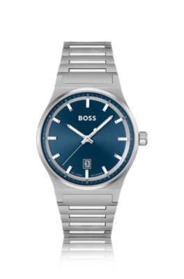 Montre avec cadran bleu et bracelet à maillons en acier inoxydable