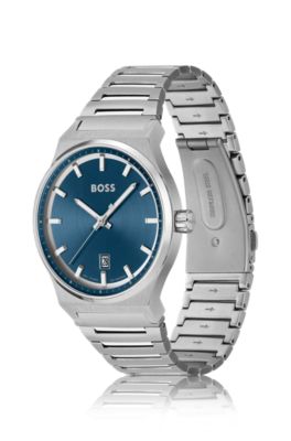 Blue-dial watch with stainless-steel link bracelet, Silver
