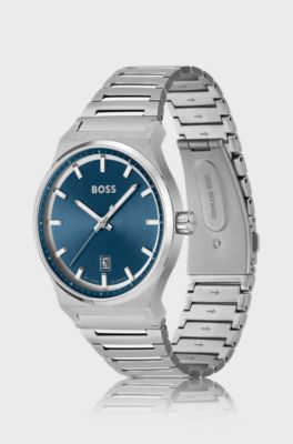 Montre avec cadran bleu et bracelet &agrave; maillons en acier inoxydable, Argent
