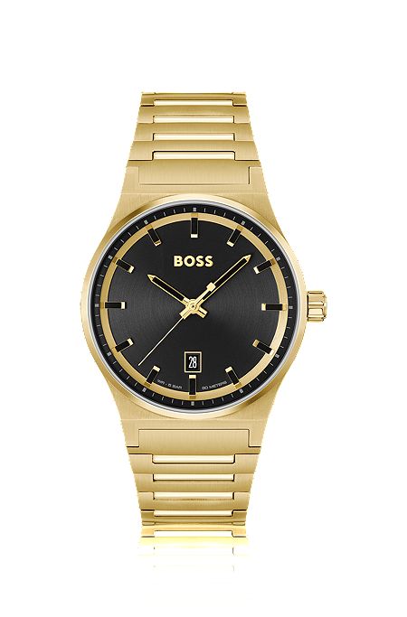 Reloj con esfera negra y pulsera de eslabones en tono dorado, Oro
