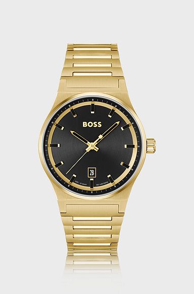 Black-dial watch with gold-tone link bracelet, Gold