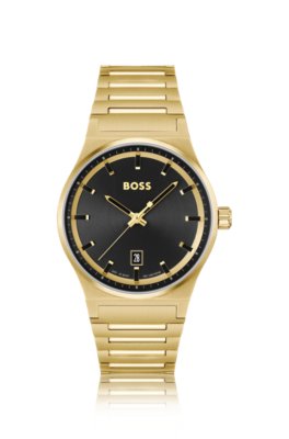Montre avec cadran noir et bracelet doré à maillons