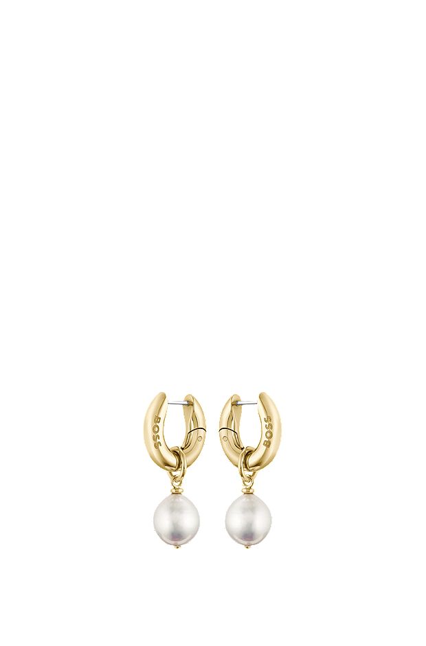 Goldfarbene Ohrringe mit Logo und abnehmbaren Perlen, Gold