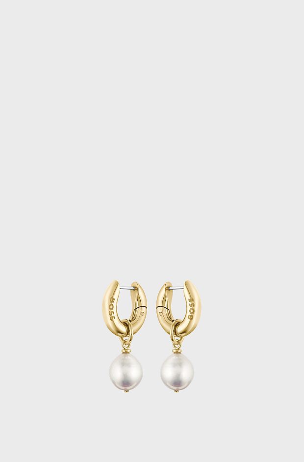Gold-tone branded earrings with removable pearls, Gold