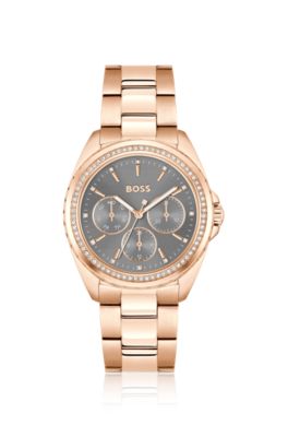 Crystal-detail watch in carnation-gold-tone steel, Gold