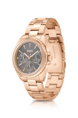 Crystal-detail watch in carnation-gold-tone steel, Gold