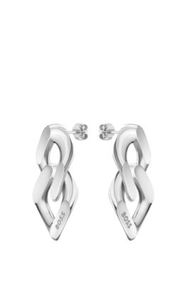 Silver-tone earrings with angled branded links, Silver tone