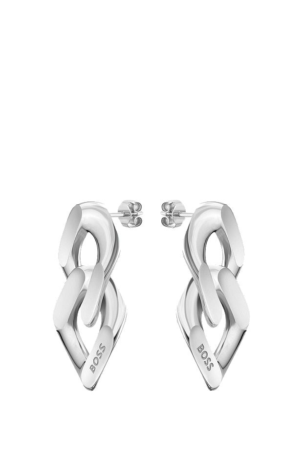 Silver-tone earrings with angled branded links, Silver