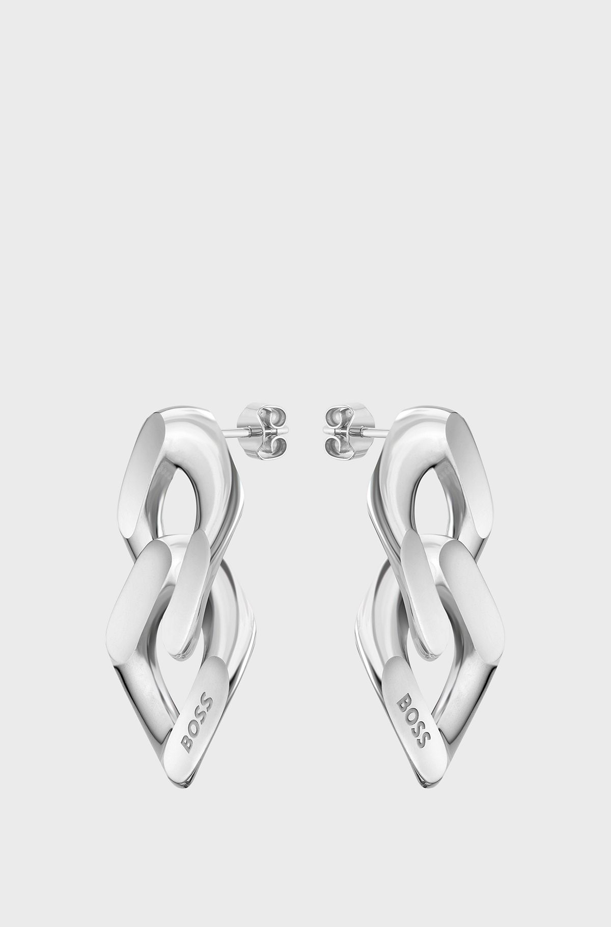 Silver-tone earrings with angled branded links, Silver