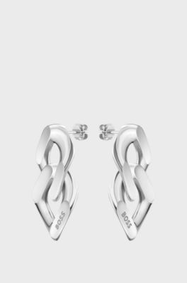 Silver-tone earrings with angled branded links, Silver tone