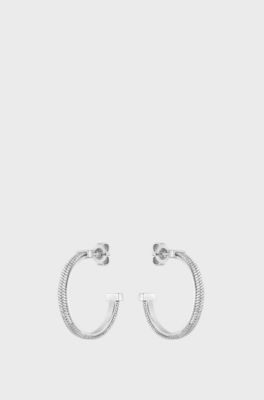Hoop earrings in herringbone-patterned steel, Silver tone
