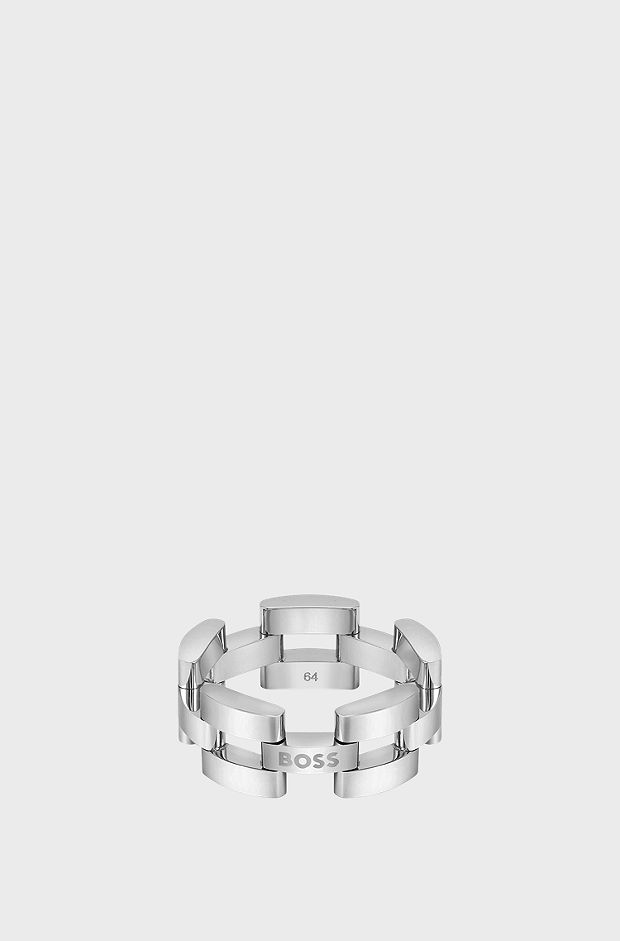 Link-style ring with logo detail, Silver