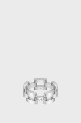 Link-style ring with logo detail, Silver tone