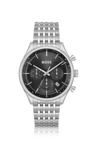 Black-dial chronograph watch with multi-link bracelet, Silver