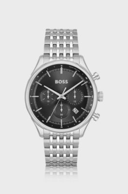 Black-dial chronograph watch with multi-link bracelet, Silver