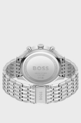 Black-dial chronograph watch with multi-link bracelet, Silver