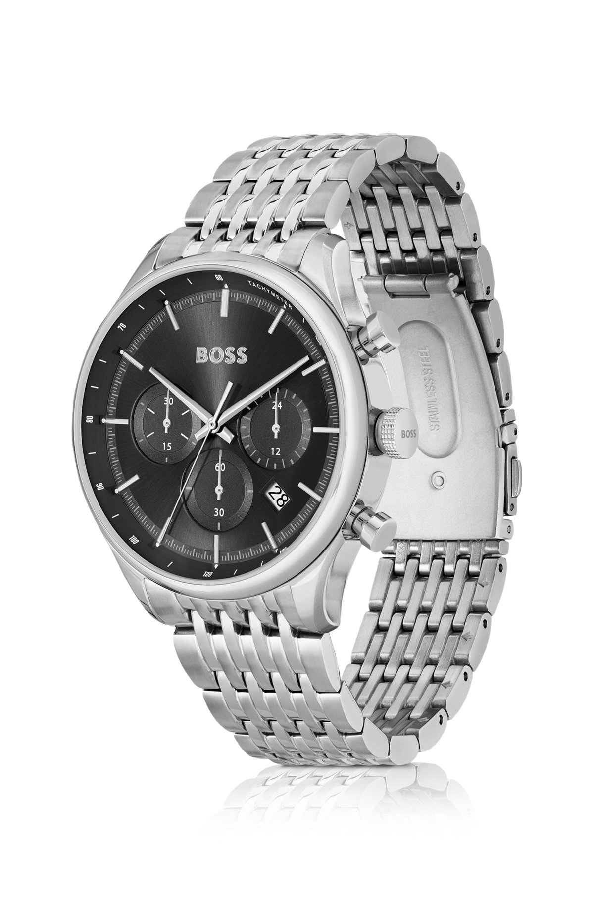 Black-dial chronograph watch with multi-link bracelet, Silver
