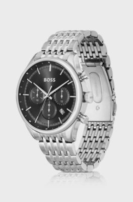Black-dial chronograph watch with multi-link bracelet, Silver