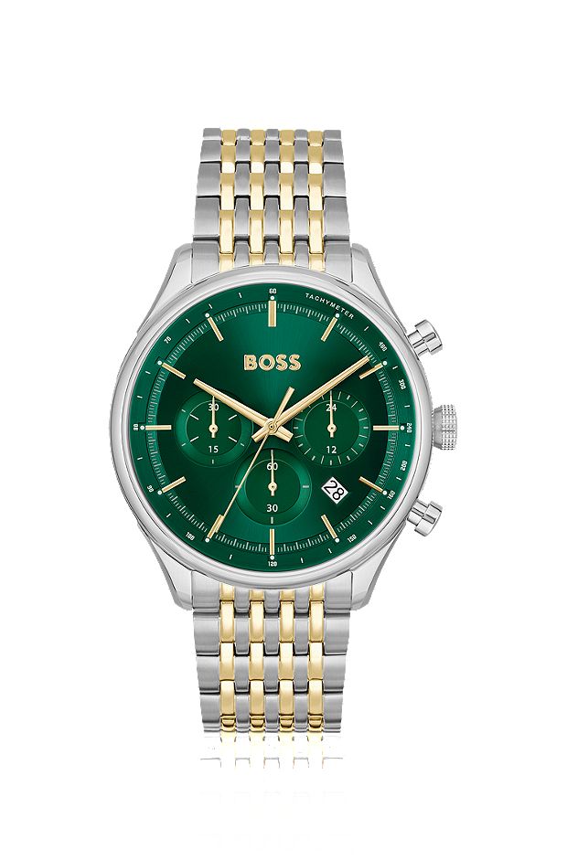 Green-dial chronograph watch with two-tone link bracelet, Silver