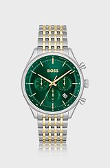 Green-dial chronograph watch with two-tone link bracelet, Silver