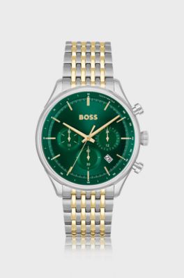 Green-dial chronograph watch with two-tone link bracelet, Silver