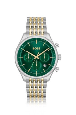 Montre chronographe à cadran vert et bracelet bicolore à maillons