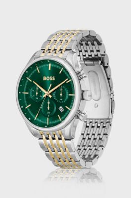 Green-dial chronograph watch with two-tone link bracelet, Silver