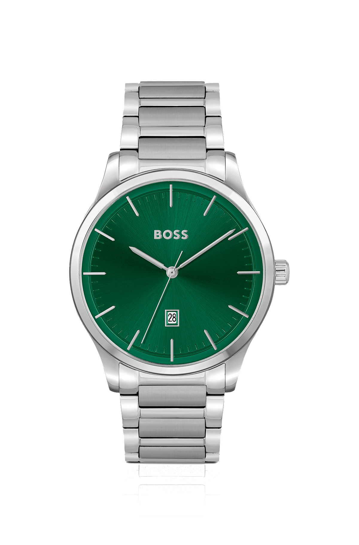 Uhr mit silberfarbenem Gliederarmband und grünem Zifferblatt, Silber