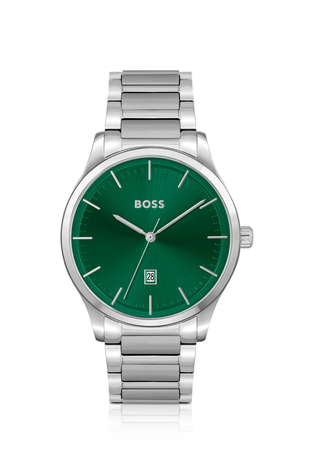 Green-dial watch with silver-tone link bracelet, Silver
