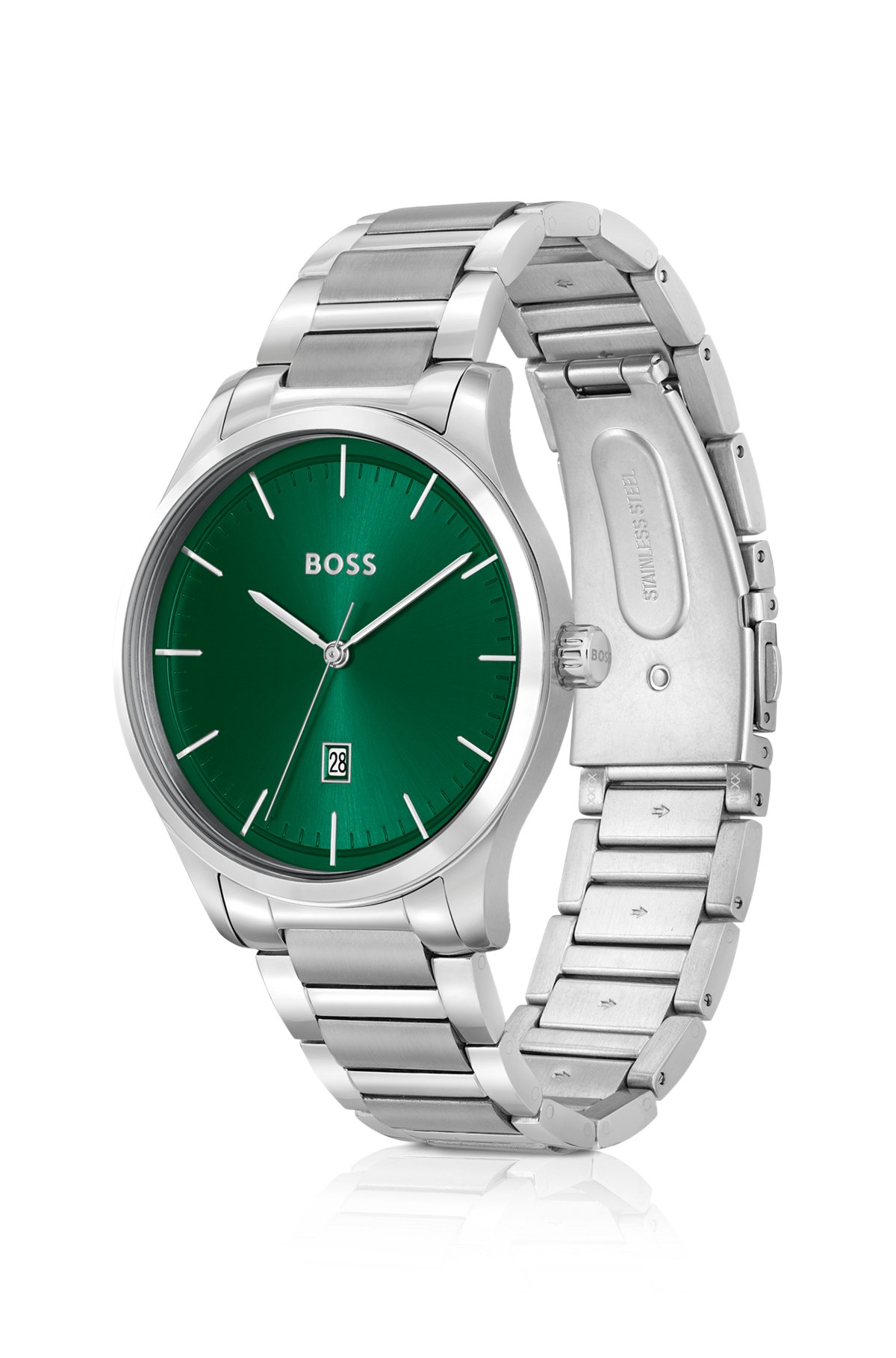 Green-dial watch with silver-tone link bracelet, Silver
