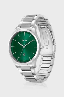 Green-dial watch with silver-tone link bracelet, Silver