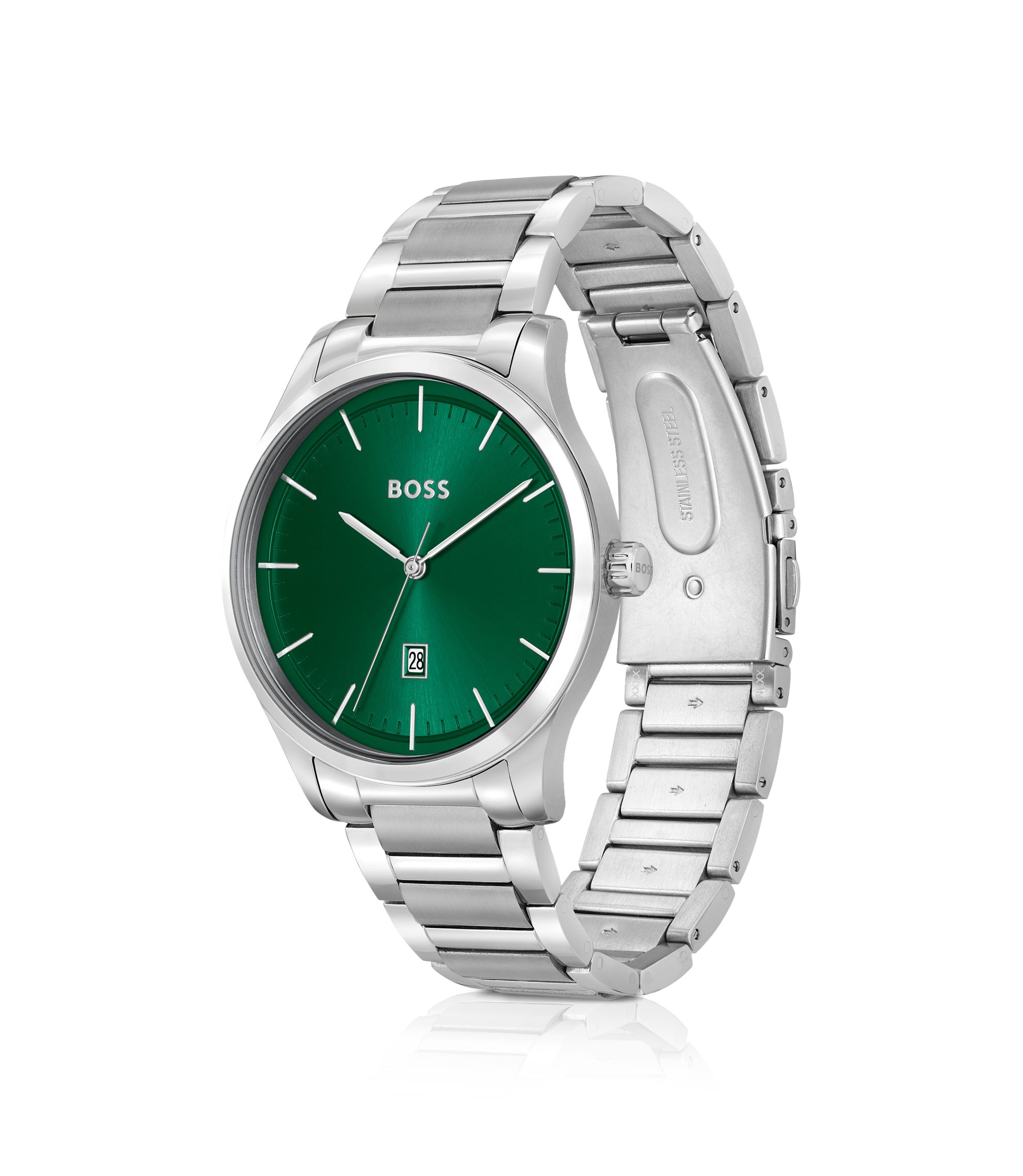 BOSS - Green-dial watch with silver-tone link bracelet - Silver