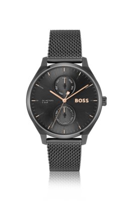 Montre à cadran noir et bracelet en maille milanaise